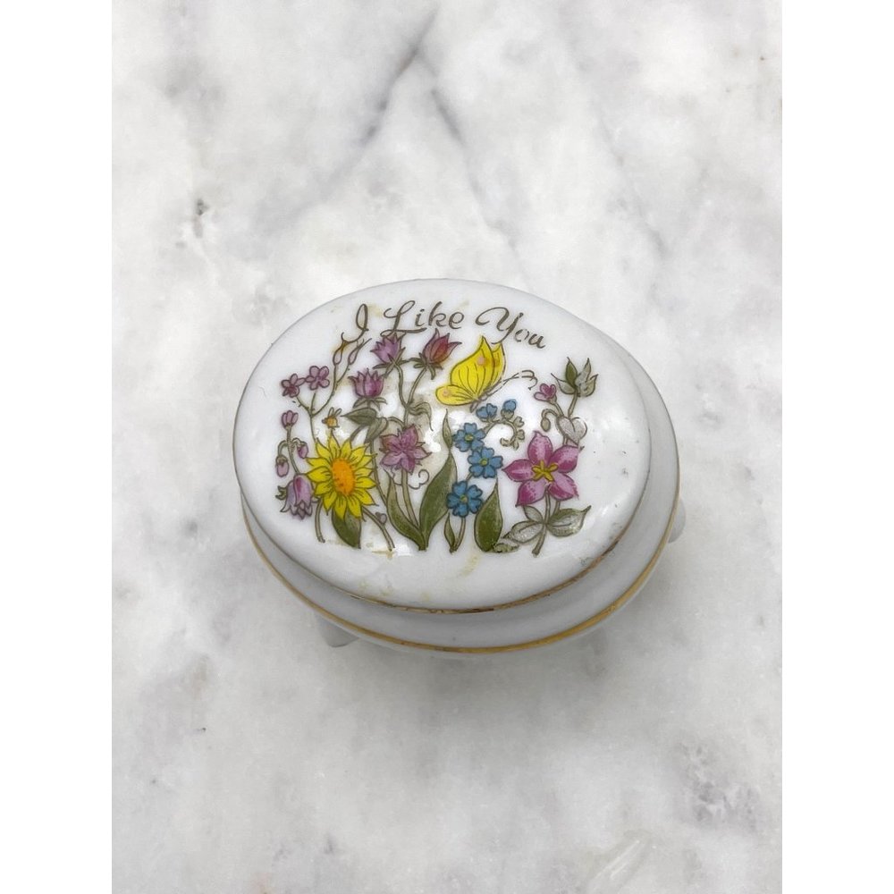 Small Floral Trinket Ring Box Gold Trim Friendship Japan Porcelain Wildflowers